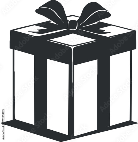 Black and white illustration of a gift box with a ribbon and bow, symbolizing celebration.