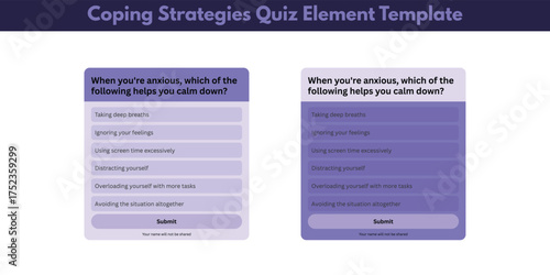 Coping strategies quiz element template for anxiety management, mental health wellness assessment with multiple choice calm down options, purple lavender UI design, interactive self-care form widget