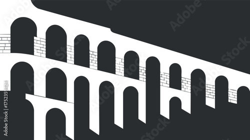 Monochrome silhouette of an ancient aqueduct with multiple arches against a contrasting background.