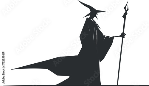 Silhouette of a wizard holding a staff, wearing a pointed hat and flowing cloak.