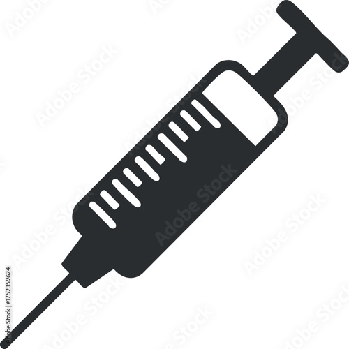 Black and white illustration of a syringe used in medical procedures and vaccinations.