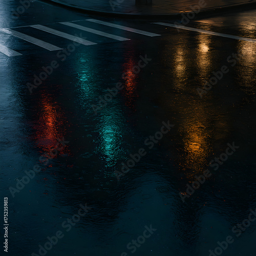 Rain-slicked road with puddles reflecting neon traffic lights