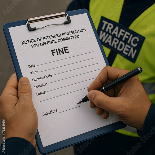 Hands adjusting a traffic warden's clipboard with fines