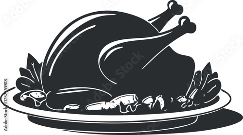 Black and white illustration of a roasted turkey on a plate with garnish.