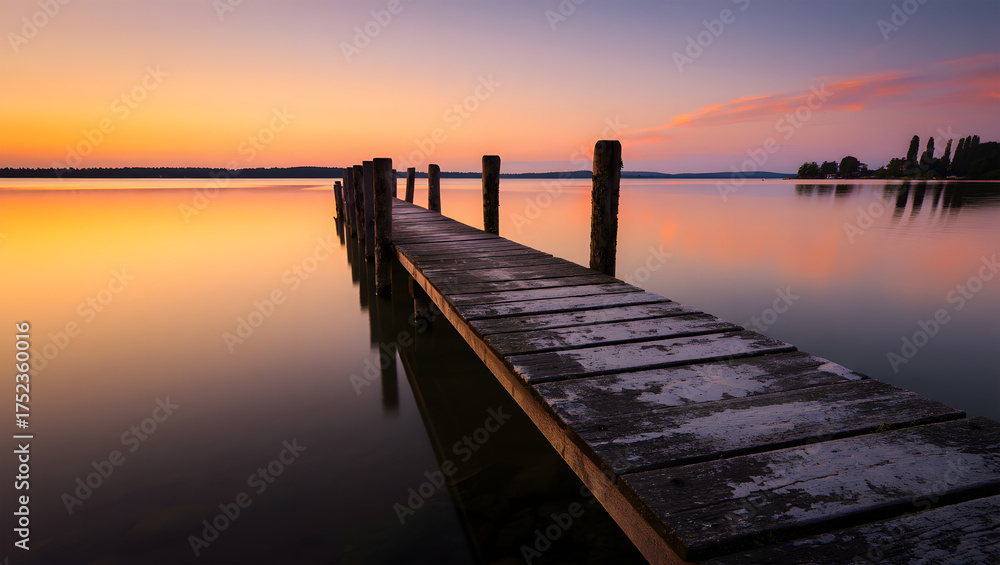 Naklejka premium Wooden pier extending into a calm lake at sunset with vibrant orange and purple sky reflections