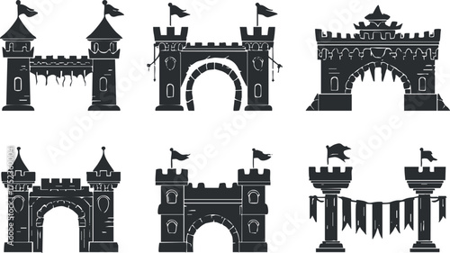 Set of six medieval castle gate illustrations with towers, battlements, and flags in silhouette.