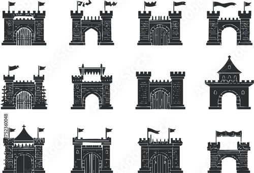Vector illustration of various medieval castle gates and towers with flags and battlements.