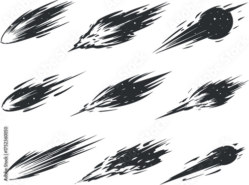 Black and white sketch of comets and meteors with dynamic motion trails on white background.