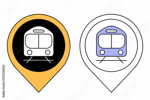 Two stylized map pin icons featuring simplified train illustrations one in black and yellow the other in outline with blue accents