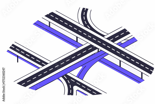 Abstract illustration of a complex highway interchange with multiple elevated roads and ramps in a clean modern style