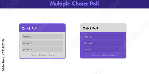 Multiple choice poll quick vote template interactive survey with three options, purple gray UI design card component, online voting form widget, user feedback questionnaire interface for web app