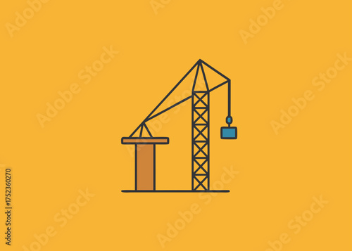 A simple flat design illustration of a construction tower crane lifting a blue load against a vibrant orange background