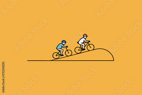 Two cyclists in helmets ride bicycles up a gentle slope on a solid orange background