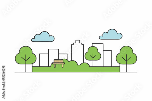 Stylized illustration of a city skyline with a park in the foreground featuring trees and a bench