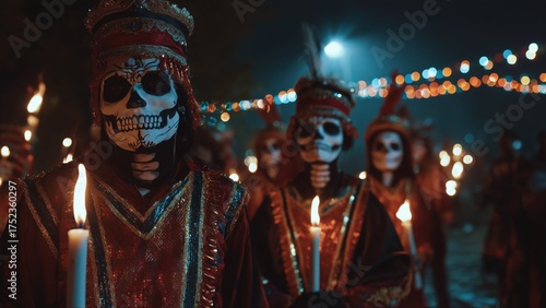 Day of the Dead (Día de Muertos) cinematic frame of a night procession with candles, skeleton costumes, and colorful lights