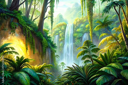 tropical rainforest, dense ferns, towering palms, misty waterfall, lush vines, golden sunlight, jungle nature, adventure art