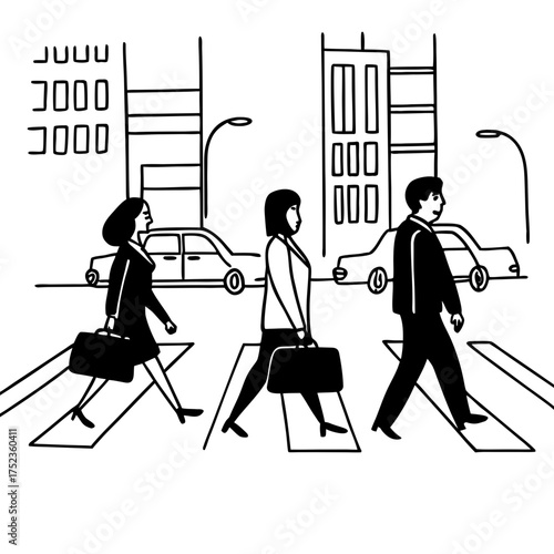 Business professionals in silhouette crossing a busy city street on a pedestrian crossing with cars and buildings in the background