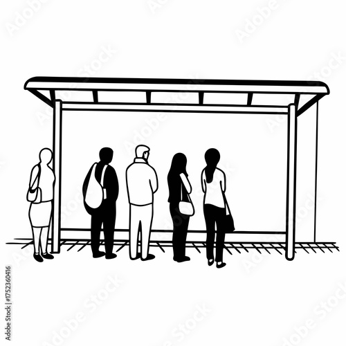 Diverse group of people patiently waiting in line at a simple black and white bus stop shelter under a clear sky