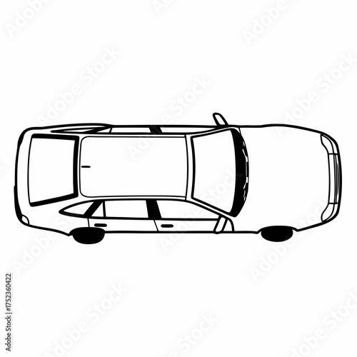 Top down view of a simple black and white line drawing of a modern hatchback car with a roof rack