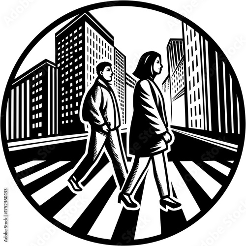 Man and woman in silhouette crossing a busy city street on a crosswalk with tall buildings in the background