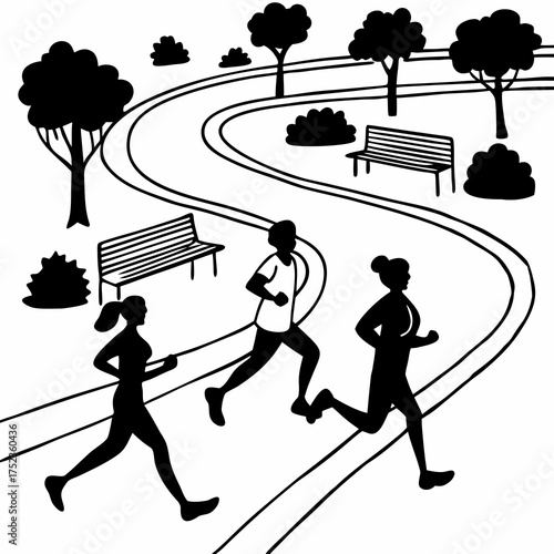 Diverse group of people enjoying a healthy outdoor run on a scenic park path surrounded by trees and benches