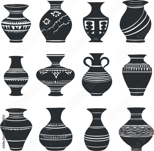 Black and white illustration of various decorative vases with traditional patterns and designs.