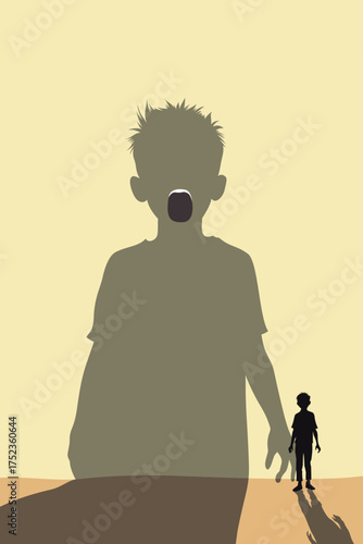 Silhouette of a boy and his shadow symbolizing childhood trauma, fear, and emotional struggle