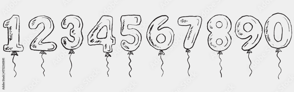 Fototapeta premium Hand drawn balloon numbers from 0 to 9 with strings and shading. Vector sketch illustration in vintage crayon charcoal style. Happy birthday party balloons