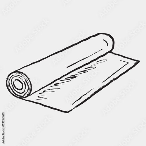 Hand drawn rolled fitness mat. Vector sketch illustration in vintage crayon charcoal style. Cylindrical roll partly unrolled, symbol of yoga, fitness, blueprint, or fabric