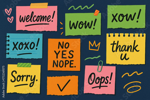 Colorful Sticky Note Collage with Handwritten Phrases and Expressive Visuals