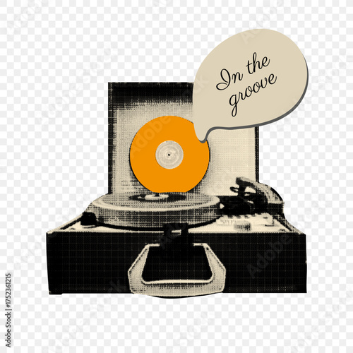 Retro art collage with halftone vintage turntable and orange vinyl record. Trendy cut out sticker with dotted texture. Modern mixed media vector illustration on transparent background.