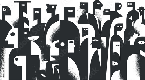 Monochrome abstract illustration featuring stylized faces and figures in a modern artistic design.