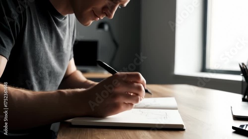 Man Sketching Car Design in Notebook With Pen at Desk by Window Indoors