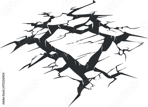 Abstract cracked ground illustration with jagged edges, depicting damage and destruction in black and white.