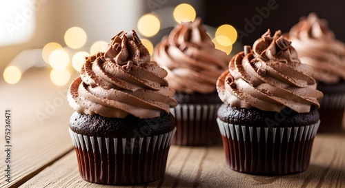 Delicious Chocolate Cupcakes Decorated with Frosting on Dessert Table 