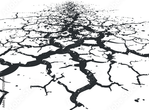 Monochrome illustration of cracked dry ground representing drought and arid environmental conditions.