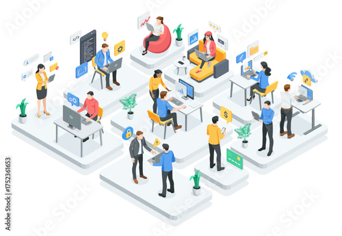 Isometric vector business people with laptops and tablets working in an office, in color on a white background, working remotely or online in a team