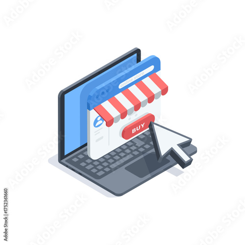 Isometric vector icon of laptop and open online store window, in color on white background, online shopping with just one click