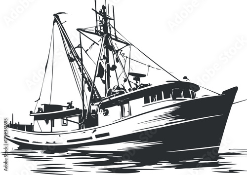 Black and white silhouette of a fishing boat, highlighting its nautical and maritime design.
