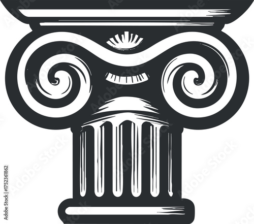 Black and white illustration of an Ionic column capital with intricate scroll designs.