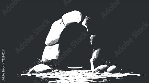 Monochrome illustration of a stone archway leading into a dark mysterious cave entrance.