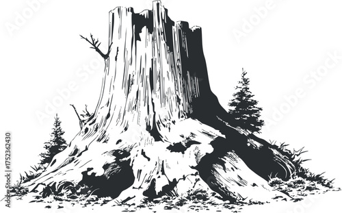 Black and white illustration of an old tree stump with detailed texture and roots.