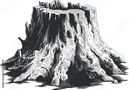 Detailed illustration of a tree stump with intricate bark texture and visible roots.