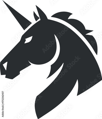 Black silhouette of a unicorn with a horn, symbolizing magic and fantasy in a simple design.