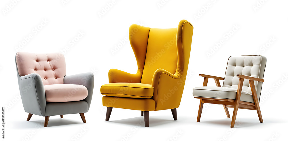 Fototapeta premium Three stylish armchairs in different colors and designs arranged on a clean isolated on white background