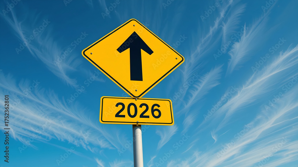 Naklejka premium Bright Yellow Diamond-Shaped Upward Arrow Road Sign with '2026' Sub-Sign Against Clear Blue Sky with Wispy Clouds, Representing Future Direction, New Year Goals, and Forward Progress