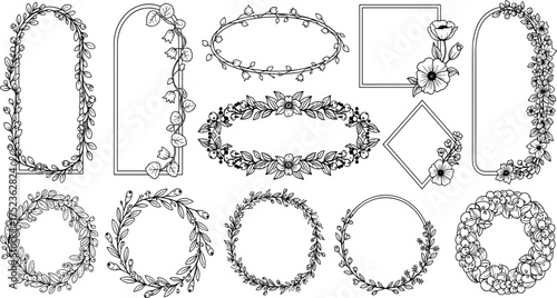 Collection of black and white floral and foliage decorative frames and borders in various shapes