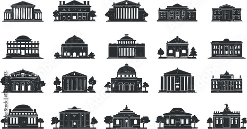 Collection of architectural landmark silhouettes featuring classic and historical building designs.