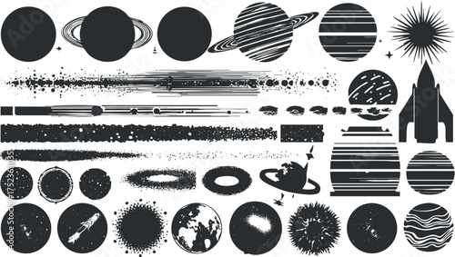Vector illustration featuring various space elements including planets, rockets, and celestial objects.
