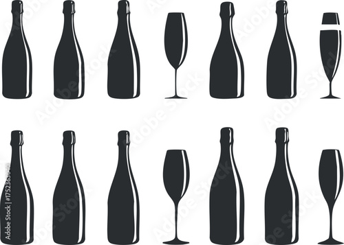 Silhouettes of wine and champagne bottles with glasses in a minimalist vector design.